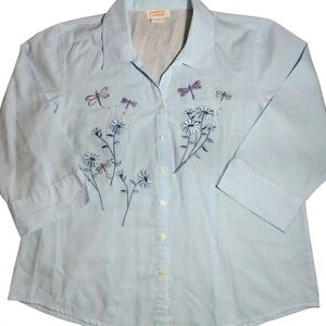 Tia Designs Womens‎ Blouse M Blue Striped Embroidered Dragonfly Floral whimsical